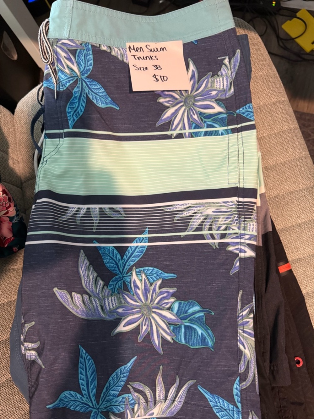 Floral Stripe Men's Swim Trunks in Navy and Aqua